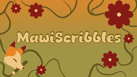 MawiScribbles Logo. It has text and a fox holding a pencil.